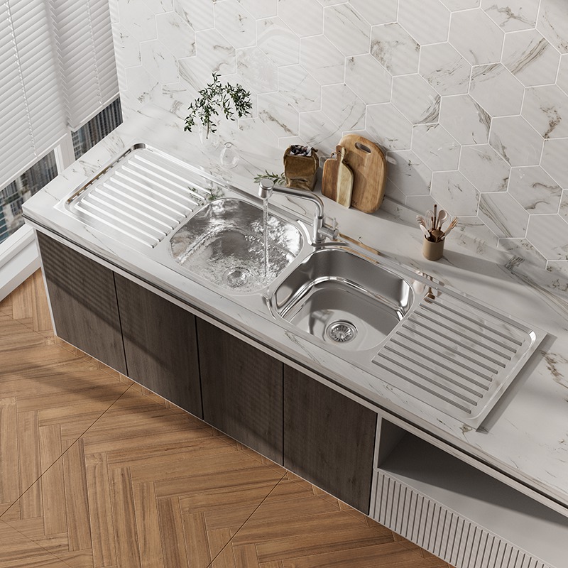 2 Bowl Stainless Steel Sink with Drainer Board