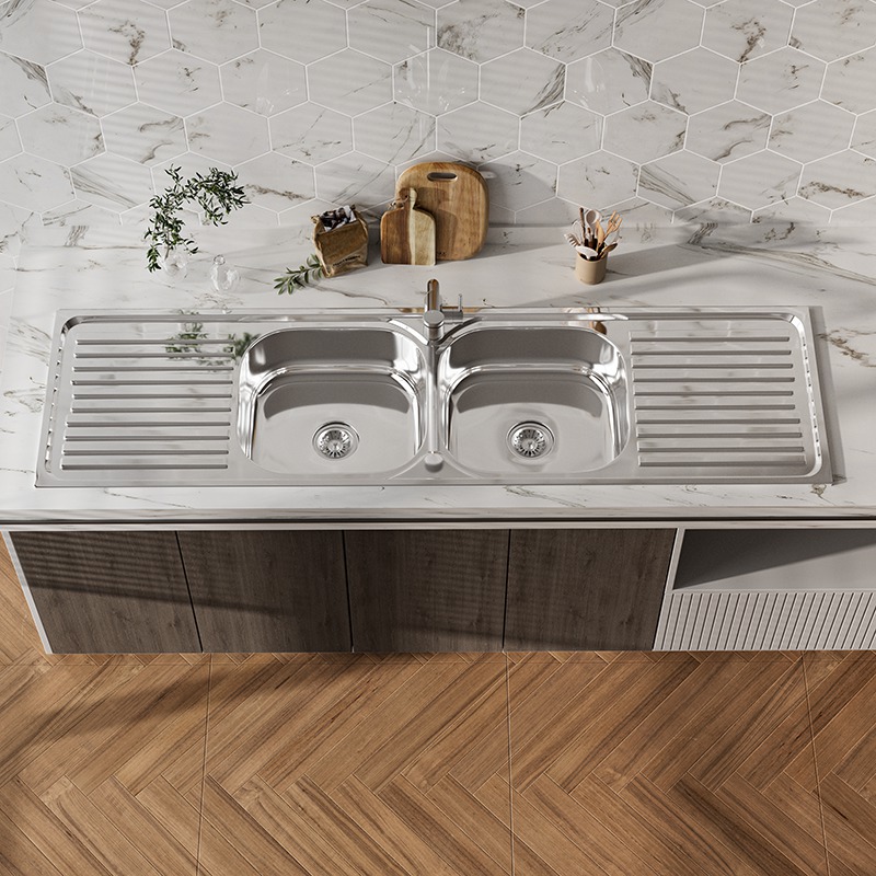2 Bowl Stainless Steel Sink with Drainer Board