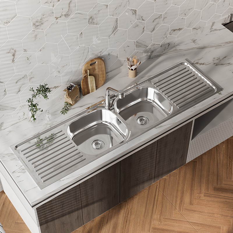 2 Bowl Stainless Steel Sink with Drainer Board