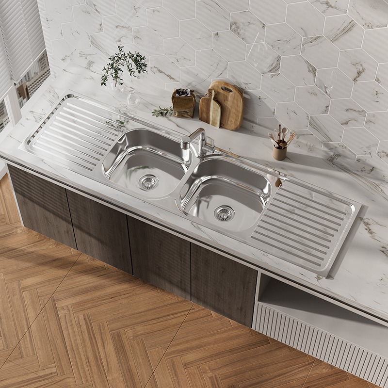 2 Bowl Stainless Steel Sink with Drainer Board