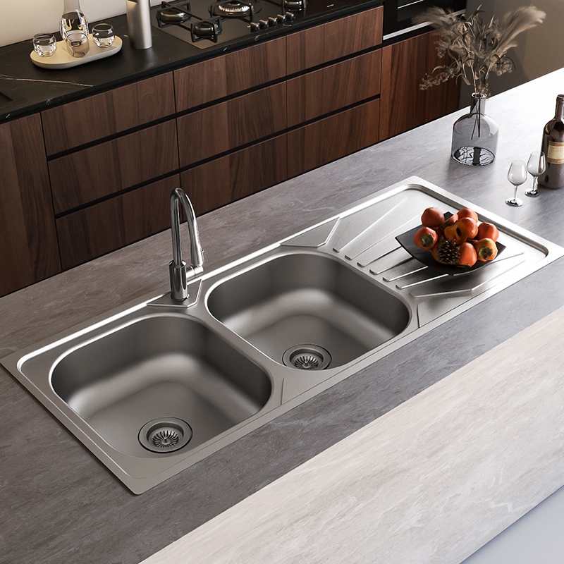 Double Bowl Stainless Steel Kitchen Sink with Drainboard