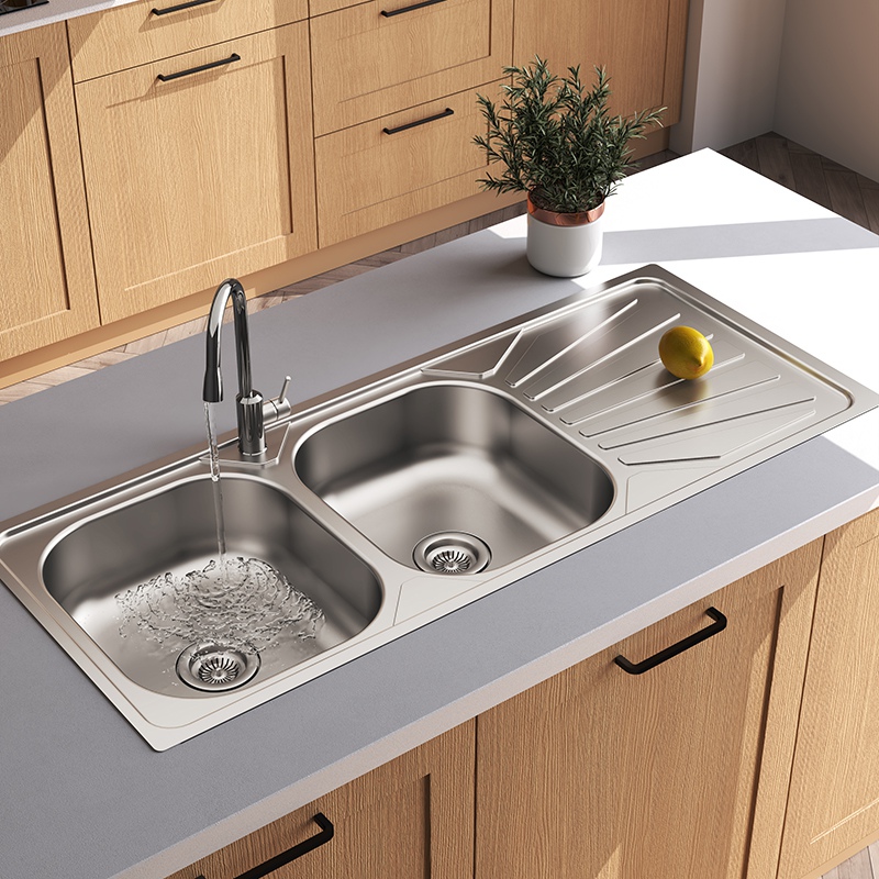 Double Bowl Stainless Steel Kitchen Sink with Drainboard