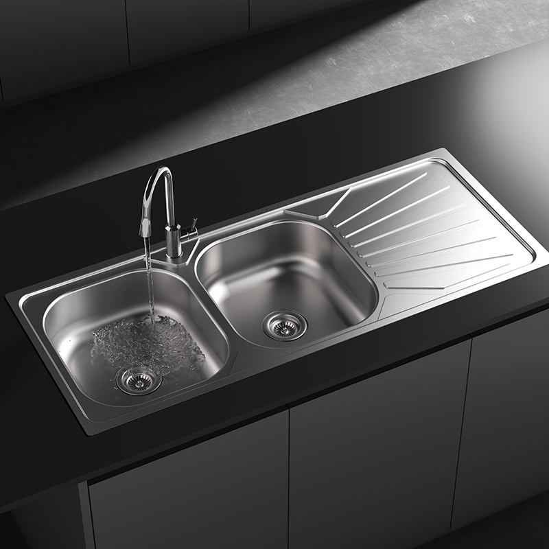 Double Bowl Stainless Steel Kitchen Sink with Drainboard