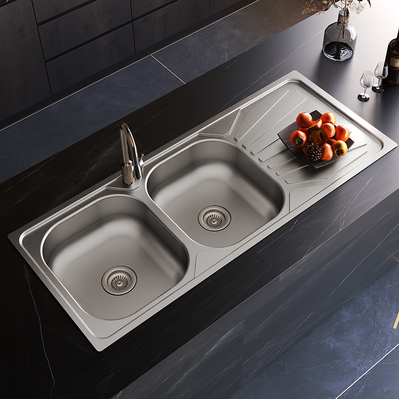 Double Bowl Stainless Steel Kitchen Sink with Drainboard